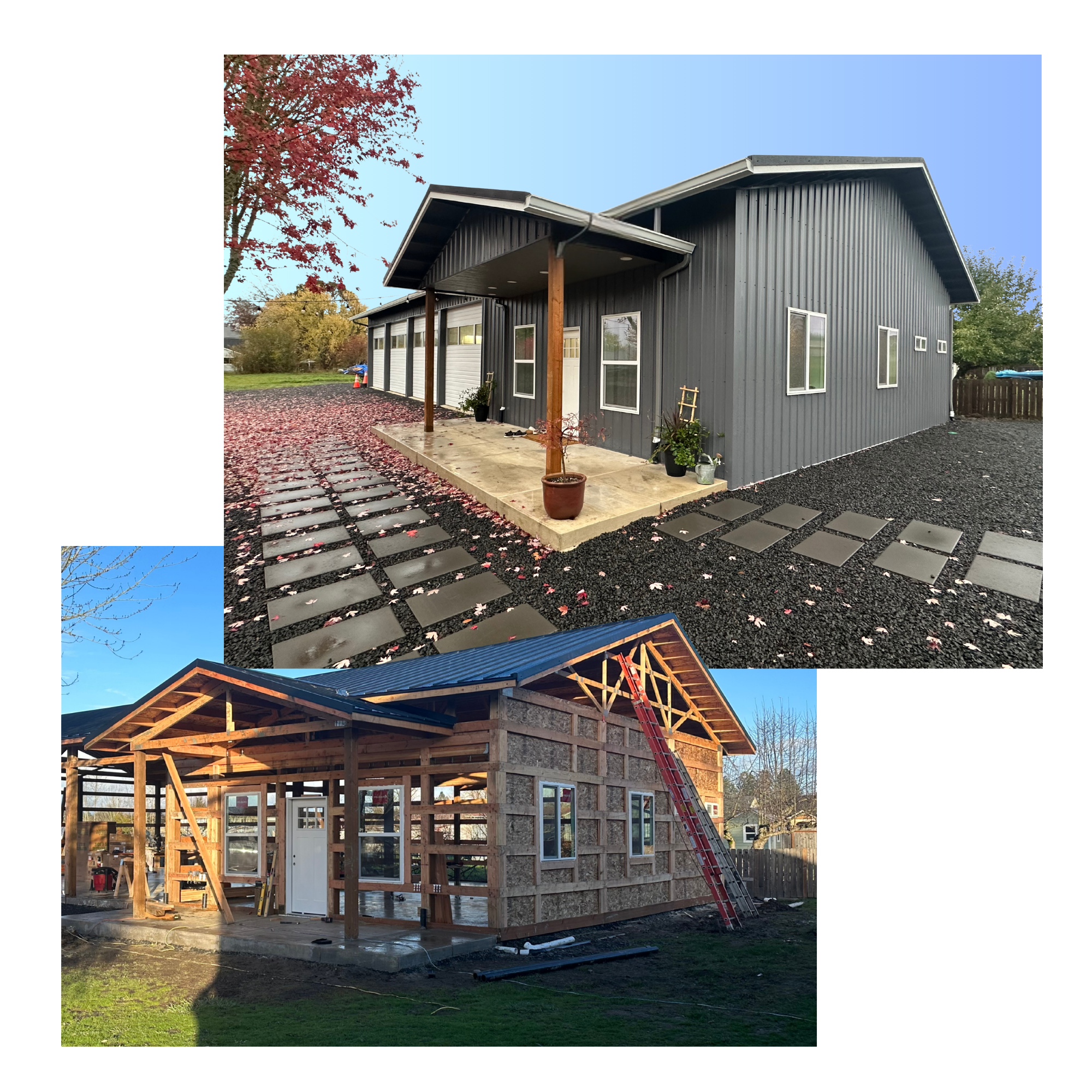 image show a building with metal siding overlaid on an image with the framework of hat same building during construction completed by Dakota Construction